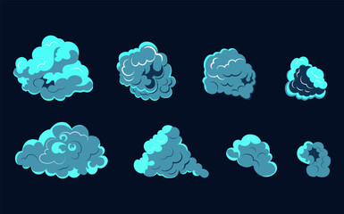 Smoke explosion animation of an explosion with comic flying clouds. Set of isolated vector illustrations to create an explosion effect. The effect of smoke movement, sparkle and dynamic boom.