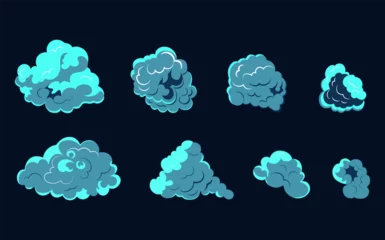 Behangcirkel Smoke explosion animation of an explosion with comic flying clouds. Set of isolated vector illustrations to create an explosion effect. The effect of smoke movement, sparkle and dynamic boom. © gala