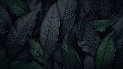 Abstract black leaves on dark background: a flat lay texture of tropical nature - obrazy, fototapety, plakaty