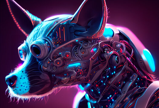 Cyber pank robotic dog. Fantasy dog.