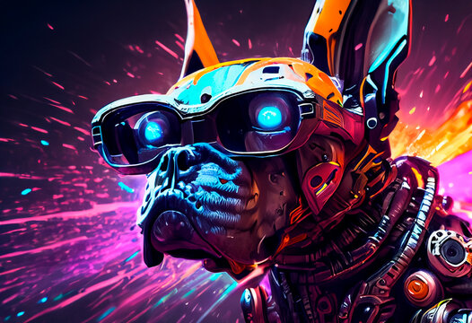 Cyber pank robotic dog. Fantasy dog.