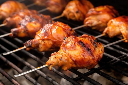 Close-up Of Turning Coated Chicken Drumsticks On The Grill