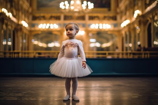Little girl ballerina in a white tutu and pointe shoes.
