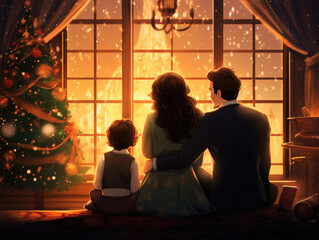 Family celebrating Christmas and home, Mother and dad next to child sitting near Christmas tree looking through the window at festive street with Christmas lights