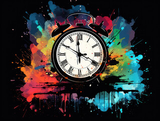 Clock approaching midnight on New Year's Vintage clock, ink illustration, colorful background, New Years celebration