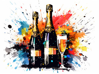 Two bottles of champagne near wine glass ink illustration, colorful fireworks, sparkling wine drawing, New Year's celebration concept