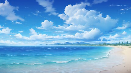 Fototapeta na wymiar Relaxing and inspiring seascape of sky and sea: a panoramic view of a tropical beach with a wide horizon