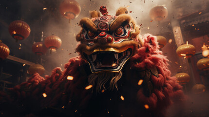 Traditional Chinese dragon costume during holiday celebration in misty Chinese street with Chinese floating lanterns in the background