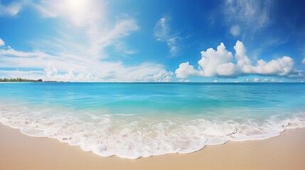 Relaxing and inspiring seascape of sky and sea: a panoramic view of a tropical beach with a wide horizon