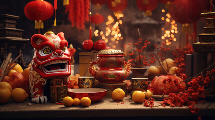 Traditional Chinese decorations for New Year's celebration, dragon head, red decor, tangerines, pots, and other festive objects on celebratory table