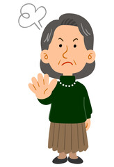 拒否する緑のセーターを着たシニアの女性　全身
