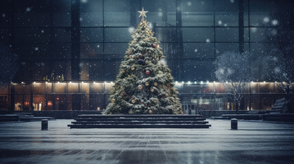 Decorated Christmas tree with ornaments and a star outdoors in front of an office building, evening street in a  city, Christmas festive mood
