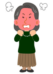 怒る緑のセーターを着たシニアの女性　全身
