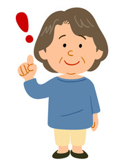 人差し指をたてる青いカットソーを着たシニアの女性　全身
