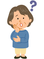 疑問を持つ青いカットソーを着たシニアの女性　全身
