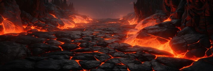 Scorched rock floor with molten rocks and lava cracks.