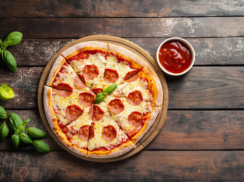 Top view Pepperoni Pizza with cheese, salami, pepper and ketchup  on the wooden background. Italian pizza