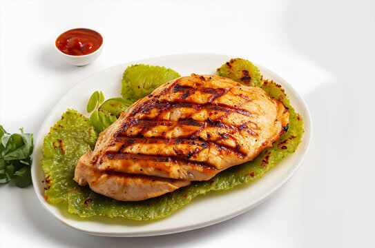 Grilled chicken breast  with vegetables on the black stone tray.