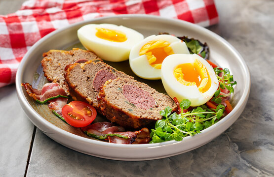 fried eggs with bacon and vegetables