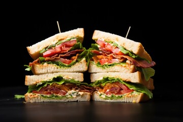 blt sandwich halves positioned in a triangle against a black background