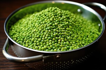 hand-shucked peas in a metal colander