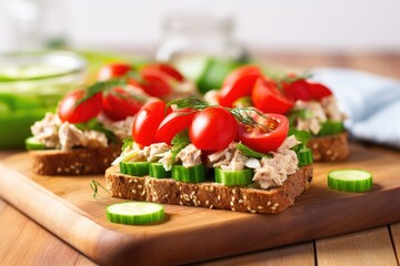 open-faced tuna salad sandwich with sliced tomatoes and cucumbers - obrazy, fototapety, plakaty