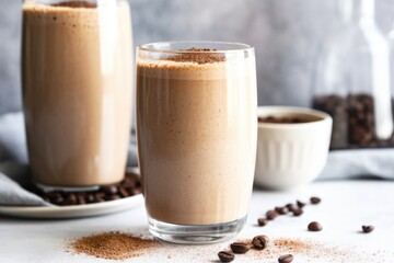 frosty coffee shake with a sprinkle of cocoa powder