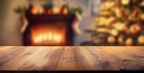 empty wooden table with a christmas tree christmas background next to the fireplace in the room