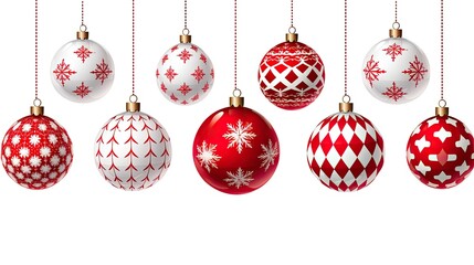 Red and white illustration of Christmas balls hanging against a background. Generative AI