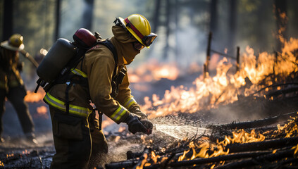 Naklejka premium Firefighters extinguish a fire in a forest.