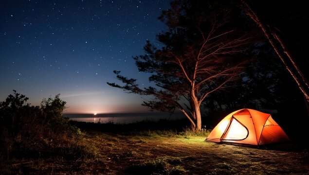 Camping tent in the forest at night with starry sky.