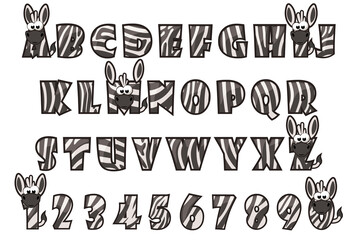Alphabet in style zebra skin, letters and numbers in black and white design