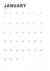 Monthly page Calendar Planner Templates of January 2024. Vector layout of a vertical simple calendar with week start Monday for print. Page for size A4 or 21x29.7 cm
