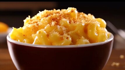 A creamy bowl of macaroni and cheese with breadcrumbs on top. - obrazy, fototapety, plakaty