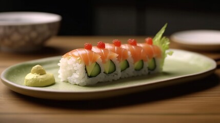 A perfectly plated sushi roll with pickled ginger and wasabi.