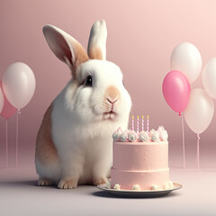 Cute rabbit with birthday cake and balloons