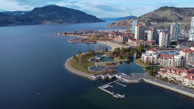 Downtown Kelowna Waterfront on a Beautiful Day. Waterfront Park Boardwalk Looking North Towards Vernon on Okanagan Lake.