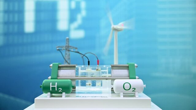 Renewable energy storage demonstrator, fuel cell, hydrogen tank, oxygen tank, spinning wind turbine, power line