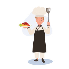 Happy Child Chef Serving Pasta. Young Cook in Chef Hat Prepares Delicious Spaghetti