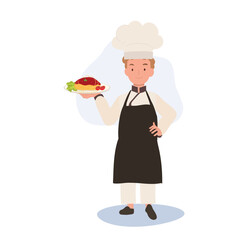 Happy Child Chef Serving Pasta. Young Cook in Chef Hat Prepares Delicious Spaghetti