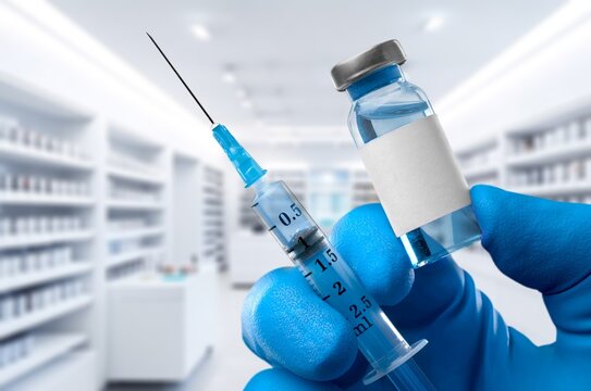 Vaccination concept. Doctor hold vial of vaccine, AI generated image