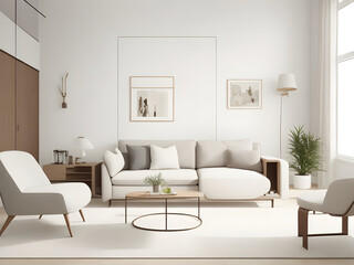living room with minimalist furniture, neutral tones, and strategically placed accent pieces, highlighting a contemporary and inviting living space.