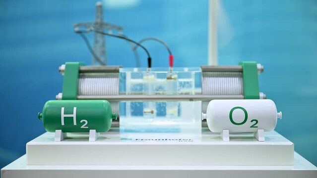 Renewable energy storage demonstrator, fuel cell, hydrogen tank, oxygen tank, wind turbine, power line, trade fair