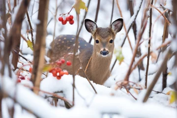 Zelfklevend Fotobehang roe deer feeding on winter berries in a snow-covered forest © Alfazet Chronicles