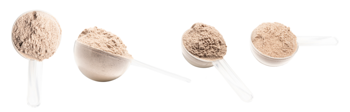 Chocolate protein powder in measuring spoon isolated on transparent background