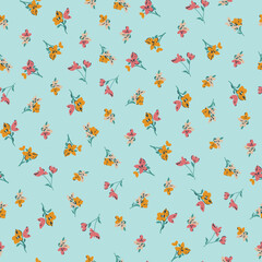 Cute, trendy ditsy, small flowers, spaced out doodle flowers, hand drawn floral, seamless pattern print for fashion, textile, tshirt, girls, kidswear, womens wear