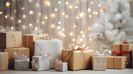 photo pile of christmas presents over light wall on wooden table with cozy rug. christmas decorations ai generated