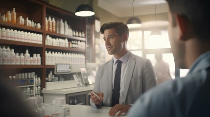 pharmacists preparing medications in their stores, interacting with customers ai generated