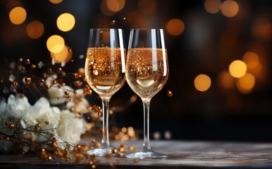 Glasses toasting Christmas with blurred background.