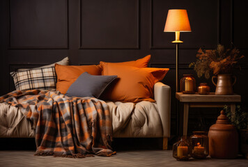 Cozy bedroom with stylish decor in autumn style - Powered by Adobe